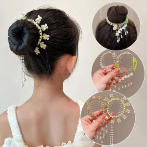 Vintage Retro Meatball Hair Clasp Clip Floristic Pearl Chain Ponytail Hairpins Tassels Hair Claw Girls