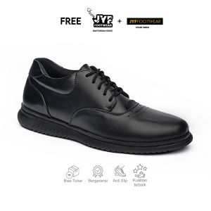JYF - Bright Black Sepatu Slip On Pantofel Formal Pria Kulit Kerja Resmi Kuliah Kondangan