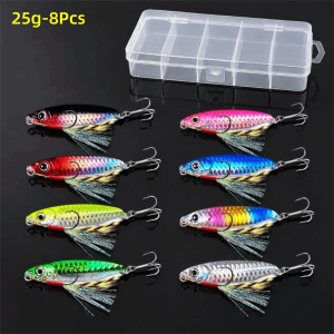 NEXTYOO 8Pcs Set 7g/10g/15g/20g/25g/30g Mồi câu cá bằng loại Thiết kế mắt 3D Móc nhọn Mồi câu cá Di động có hộp đựng. Muỗng jig loại Câu cá nước mặn
