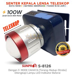 Senter Kepala SUNPRO S-8126 100 Watt LED Putih Lensa ZOOM Jarak 900M Batrai 4800mAh Tahan Air Hujan