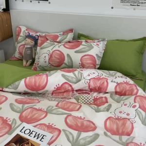 ins Winter Greenfield Fairy Tale Washed Cotton Bedding Set Four-Piece Set Duvet Cover Bedding Student Thickened Single Three-Piece Set LZD