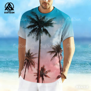 Mens Loose Drop Shoulder Henley Shirt 3d Sublimation Oil-Painting Coconut Sunset Print Cotton Linen Blend Fabric Soft Breathable Anti-Wrinkle Casual Wear For Beach Vacations