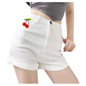 2025 Quần short denim cạp cao màu trắng mùa hè mới về dành cho nữ dáng ôm dáng rộng dáng rộng một món đồ không thể thiếu cho thời trang gợi cảm đính quả cherry lòng thòng