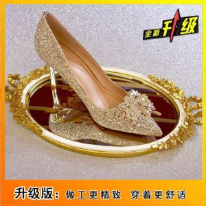 Free Shipping Silver Bridal Wedding Shoes New Style Thin Heels Main Wedding Dress Sequined Comfortable For Engagement Crystal Embellishments High Heels Trendy Flats