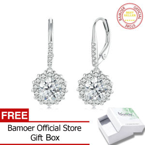 BAMOER 1.0CT Halo Moissanite Hoop Earrings Exquisite D Color Brilliant Round Cut Drop Earrings for Women MSE046