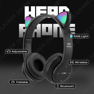 O.SHINE P47M Bluetooth Wireless Headphones Cat Ear HiFi Stereo Sound with LED Lights Built in Mic FM Radio TF Card Soft Foldable Headset