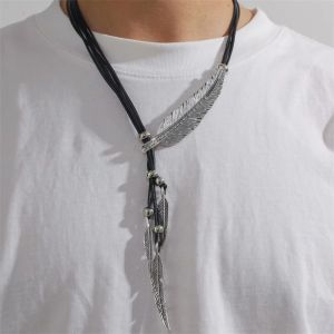 MEEU Rhinestone Golden Feather Necklace Alloy Silver Leather Rope Tassel Necklace Personality Collar Chain Leaves Neck Pendant Men