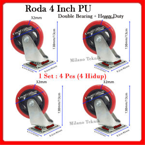 Roda 4 inchi PU (1set:4pcs Hidup berputar)+Double bearing Troli Heavy Duty taiwan