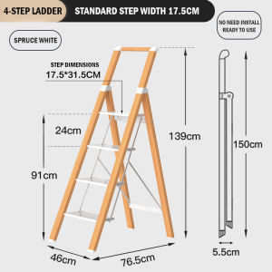 White Spruce Wood Ladder - 3/4/5 Steps / Foldable / Space Savings / Local Stock