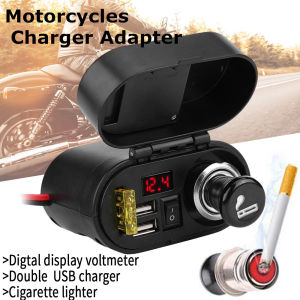 Pinph Motorcycle USB Charger with Voltmeter Time Display Waterproof Dual USB Port Charger
