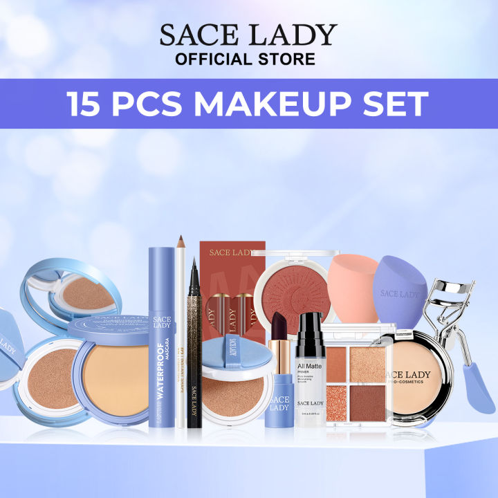 SACE LADY 15Pcs Face Makeup Set Daily Make Up Face Powder BB Cushion Mascara Eyeliner Liptint Multipurpose Women's Makeup Set