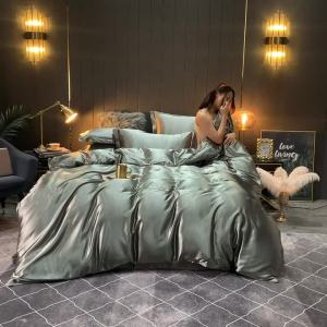 Bộ giường bằng lụa Bắc Âu có chăn bông Ga Trải Giường và vỏ gối sang trọng dành cho cặp đôi đơn đôi mùa hè 1/2 người màu trơn