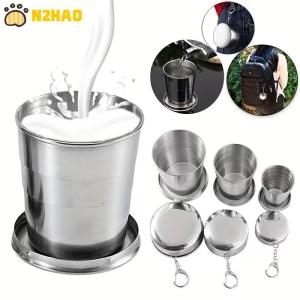 【N2HAO】 250ml Stainless Steel Folding Cup Outdoor Travel Camping Portable Collapsible Water Cups With Keychain Retractable Teacups