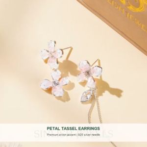 SINLISH Petal Tassel Earrings Asymmetrical Design Pink Gradient Crystal Zircon Jewelry (one pair)