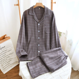 Mens pajamas spring and autumn cotton crepe lapel long-sleeved trousers plaid suit loose and comfortable plus size loungewear