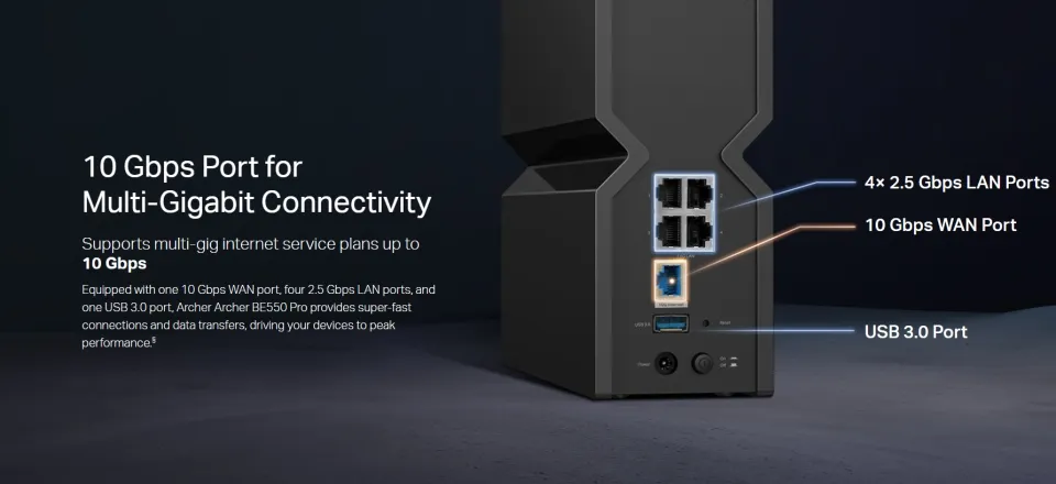 TP-Link Archer BE550 Pro BE9700 Tri-Band Wi-Fi 7 Router with 1× 10
