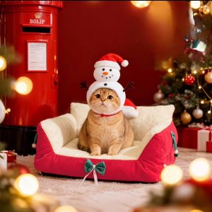 Christmas Themed Pet Sofa with Festive Snowman Design Cozy Red & White Colors for Cozy Pet Lounging Ideal for Holiday Decor