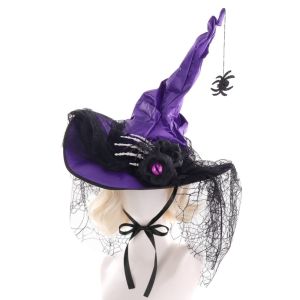 J9YXDU Spider Pendant Witch Hat Eyeball Flower Lace Wizard Cap Punk Cosplay Halloween Hat Performance Props