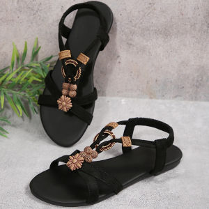 Free Shipping 2026 Summer New WomenS Bohemian Flat Sandals Fashionable Beaded Elastic Strap Beach Sandals