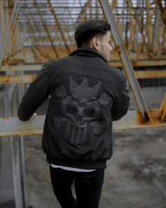 Jaket Bomber Fleece Skull Hitam Premium - Gaya Korea dengan Ritsleting - BGSR