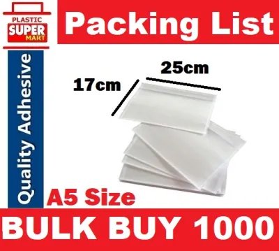 BULK BUY 1000【PACKING LIST】 17cm x 25cm Adhesive Clear Envelopes | Waterproof Plastic Poly Shipping labels Peel and Seal Pouches Bag for protecting invoices receipts and documents mailing packing Slip
