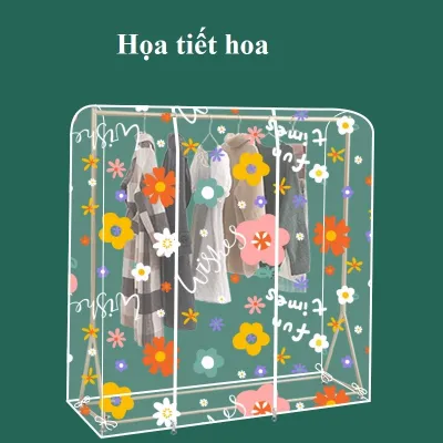 Tấm nhựa PEVA trong suốt in họa tiết HOA trùm che phủ giá khung sào treo đồ chống bụi chống thấm nước có khóa kéo