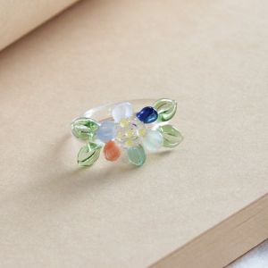 DJDK Fashion Four-leaf Clover Ring Cute Handmade Glass Coloured Glaze Ring Lotus Vintage Flowers Finger Ring Summer