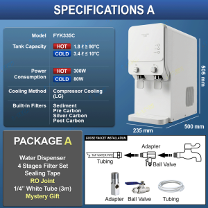 I-TECH Tabletop Water Dispenser Hot & Cold FYK335C with 4 Stages Antibacterial Filter Halal Certified - Compressor Cooling | Dial Control | Continuous Water Flow Tap Design