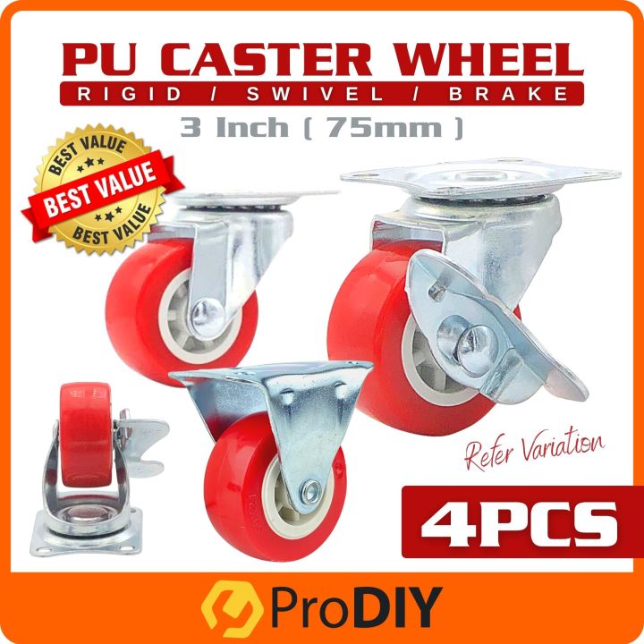 4PCS 3 Inch 75mm Heavy Duty PU Plate Swivel Rigid Wheel With Brake ...