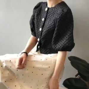 Summer style pleated puff sleeve French elegant shirt Womens Simple Fashion Short Sleeve Cardigan Cropped Top㏇X0408