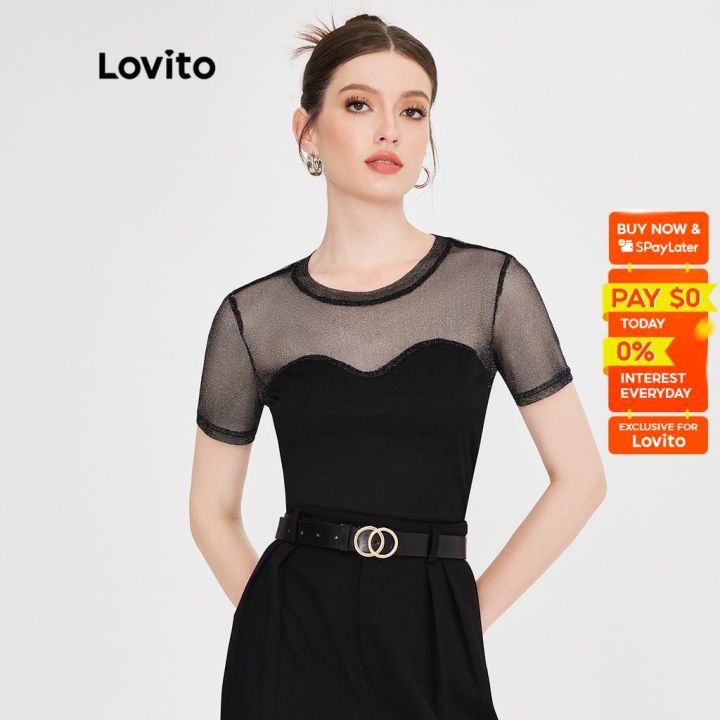 Popular Lovito Elegant Plain Contrast Mesh T-Shirt for Women L51ED046 ...