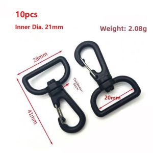 FXUP 10pcs Nhựa Khóa móc xoay đa năng 16/20mm Đen Dây đai ba lô và móc khóa Chống thấm nước Khóa móc treo túi xách Dây đeo cổ bằng dây dù dệt