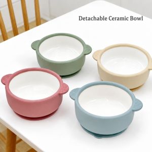 SIRENXI với cốc hút silicone Bát ăn dặm cho bé Gốm sứ Chia thành các ngăn Bát ăn cho bé Bộ đồ ăn cho trẻ em Chống rơi Bộ đồ ăn cho bé Cho Bé Ăn