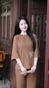 Đồ lam đi chùa nữ pháp phục đi chùa chất lụa chéo ý cao cấp Thiên Di quần áo đi chùa thêu sen D20