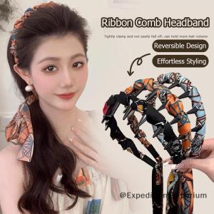 ExpeditionEmporium Ribbon Comb Headband Vintage Wave Headband With Floral Ribbon & Comb - Reversible High Crown Effect Hairband