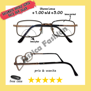 PAKET (BELI KACAMATA 2 FUNGSI LENSA NORMAL PLUS FREE KOTAK KACAMATA) Ready UK (+) 1.00 Sampai +3.00 Frame Kotak Besi Full Rim PRIA WANITA