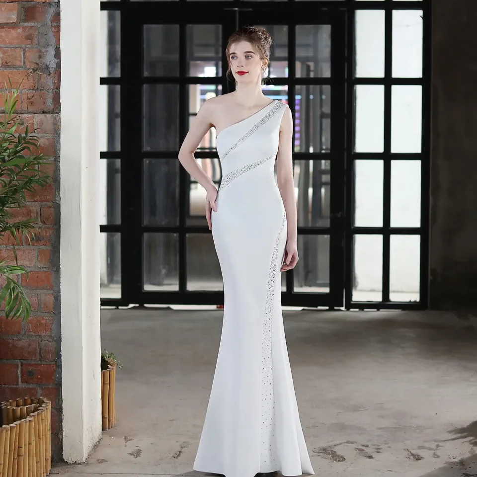 White one sale shoulder evening gown