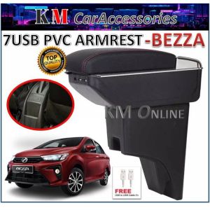 Perodua Bezza Adjustable Armrest Double Layer with 7 USB Ports PU Leather Car Storage Box