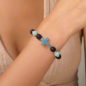 Glow in the Dark Luminous Cross Beads Bracelet Hip-hop Religious Jewelry for Men and Women Couple Gifts