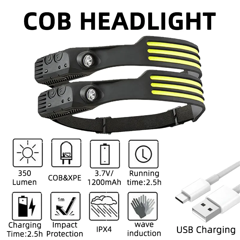Sensor Headlamp COB Waterproof Headlight for Outdoor Fishing USB