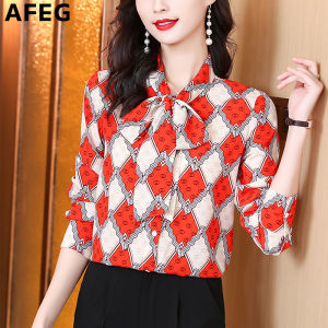 AFEG new Korean version stand collar bow fashion loose all-match professional print chiffon long-sleeved blouse for women