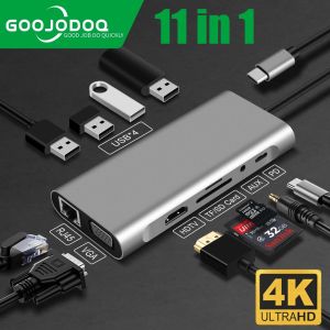 GOOJODOQ USB Type C Hub 11 In 1 RJ 45 Connector VGA Cable Display Port To HDMI 4K Lan Ethernet HDTV PD TF Card SD Card AUX 3.5mm