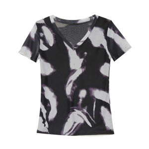 REHIN Womens top Summer fashion Swoosh mesh floral print red flower short-sleeved T-shirt V-neck slim and thin elegant Tie-dye S-3XL blouse