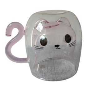 BAGUO(霸果) Glass Coffee Mugs Double-Walled Cartoon Cat Espresso Coffee Cups Insulated Cute Water Cups Summer