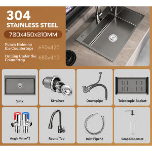 [SG Stock] Kitchen Sink Stainless Steel Sink Waterfall Sink High-Capacity Ladder Style Kitchen BasinFast shipping