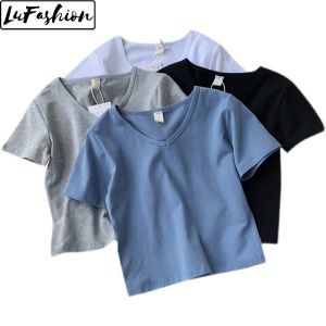 LuFashion Crop Tops for Women Summer Short Sleeve V-neck Slim T-Shirts