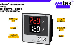 Multispan AV-12 Đồng hồ đo dòng áp 1 pha trực tiếp tới 30A gián tiếp qua CT cấp cx 0.5 LED hiện số mặt cánh tủ