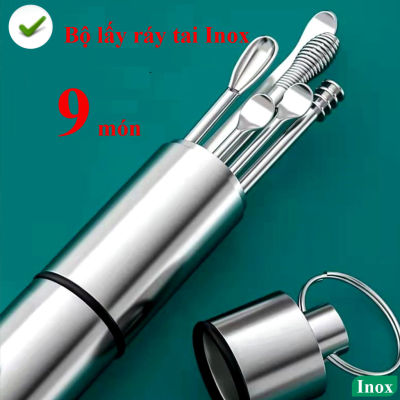 Bộ lấy ráy tai, bộ dụng cụ ngoáy tai 9 món chuyên nghiệp Inox kèm hộp