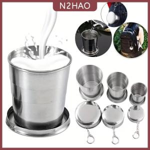 N2HAO 250ml thép không gỉ gấp Cốc du lịch ngoài trời cắm trại di động ráp cốc nước với Keychain có thể thu vào tách trà