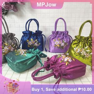 【MPJow】 Small Women Bucket Bag Top Handle Ladies Handbag Phone Bag Summer Purse National Style Embroidered Flower Pattern Drawstring Bag